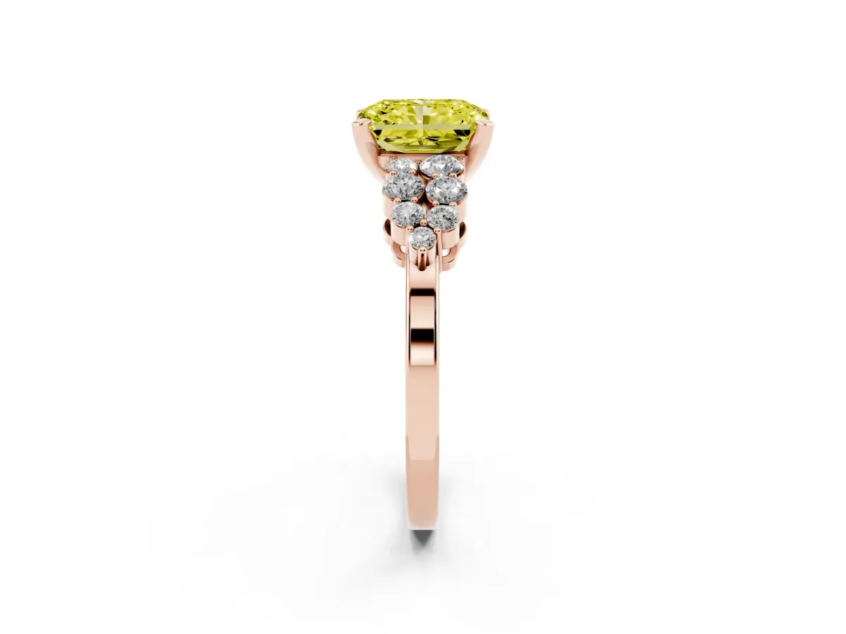 Fancy Yellow Radiant Cut Cluster Diamond Engagement Ring with Pavé Band and Four-Prong Setting Rose gold