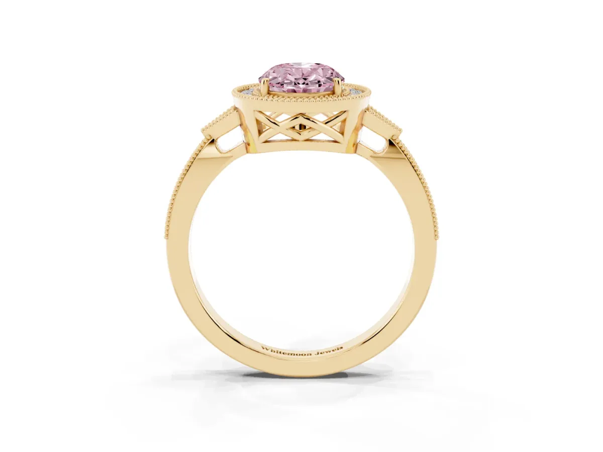 Fancy Pink Oval Cut Halo Round Diamond Milgrain Pave Engagement Ring Yellow gold