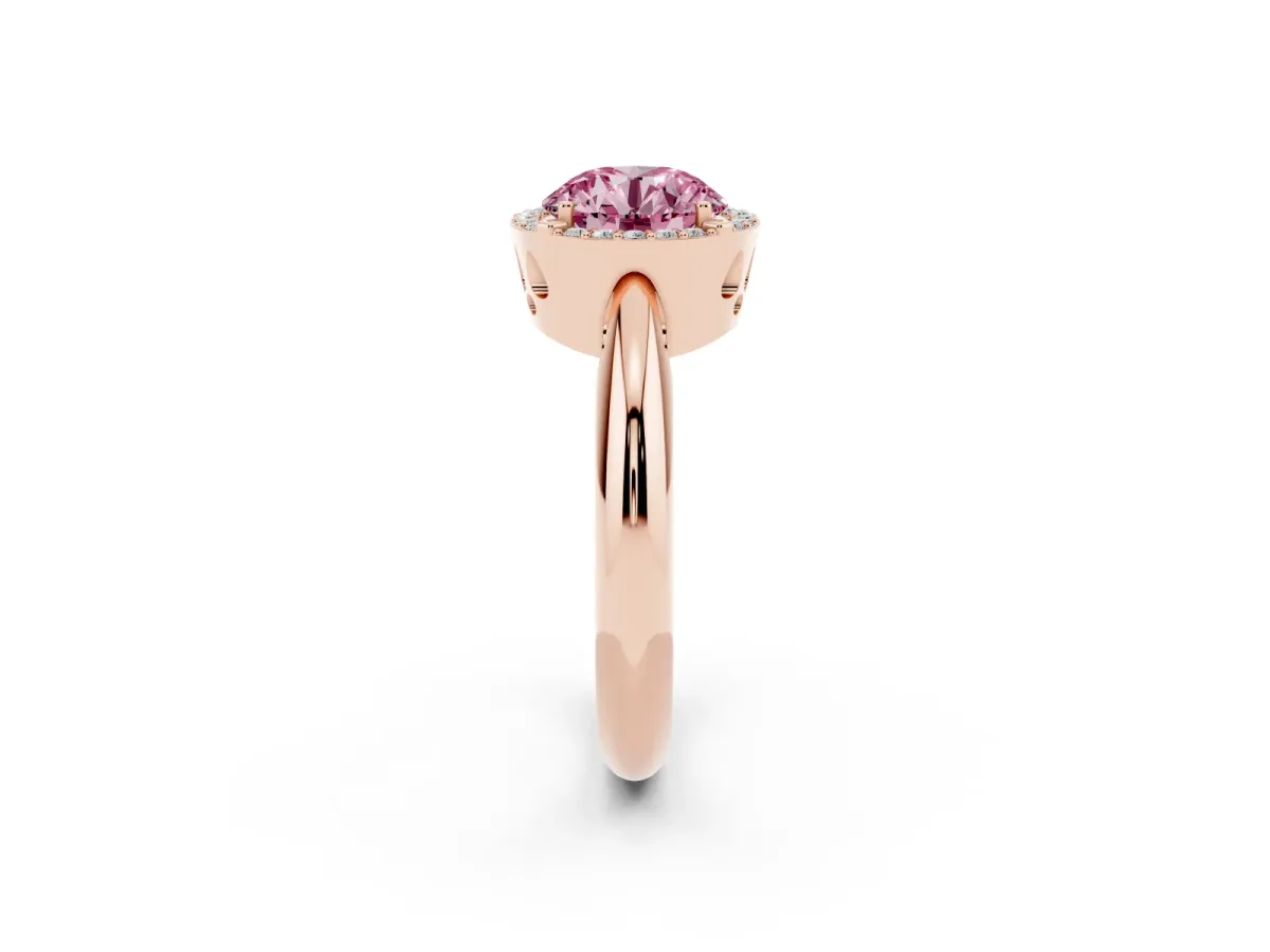 Fancy Pink Round Cut Cut Diamond Halo Engagement Ring with Split Shank and Four-Prong Setting Rose gold