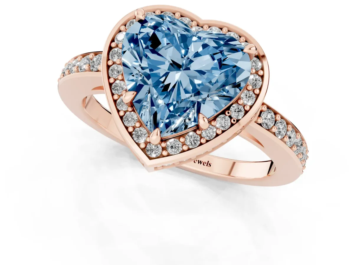 Fancy Blue Heart Cut Halo Pave Band Solitaire Ring with Prong Setting Rose gold