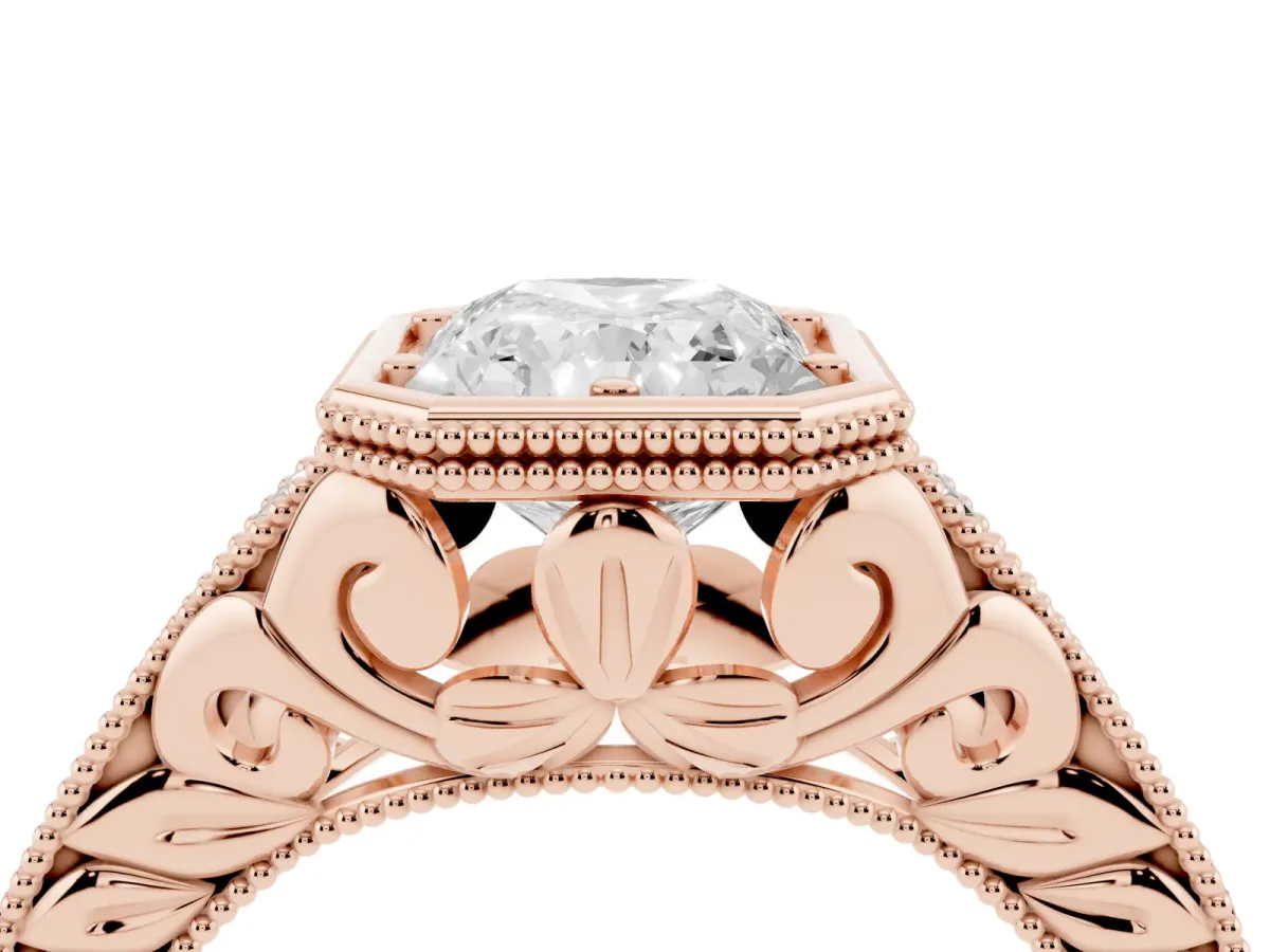 Bezel Set Radiant Cut Diamond Milgrain Pave Engagement Ring Rose gold