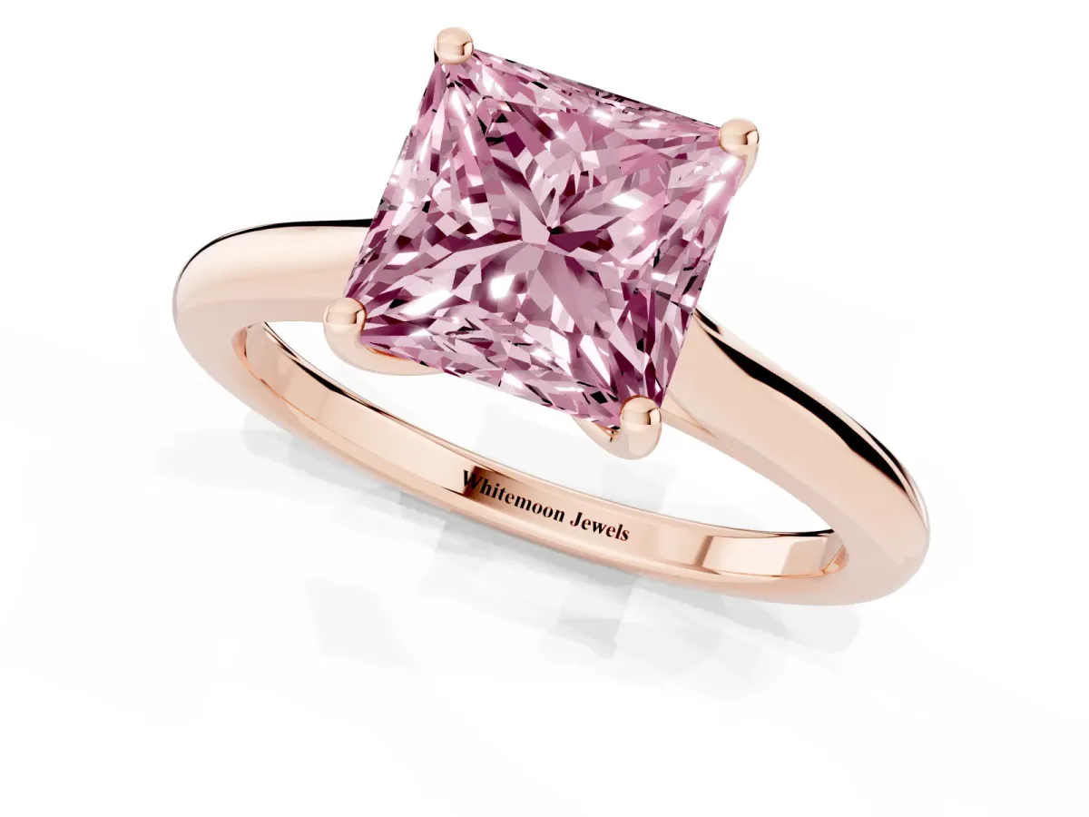 Fancy Pink Princess Cut Cut Solitaire Ring with Cathedral Band and Four-Prong Setting Rose gold