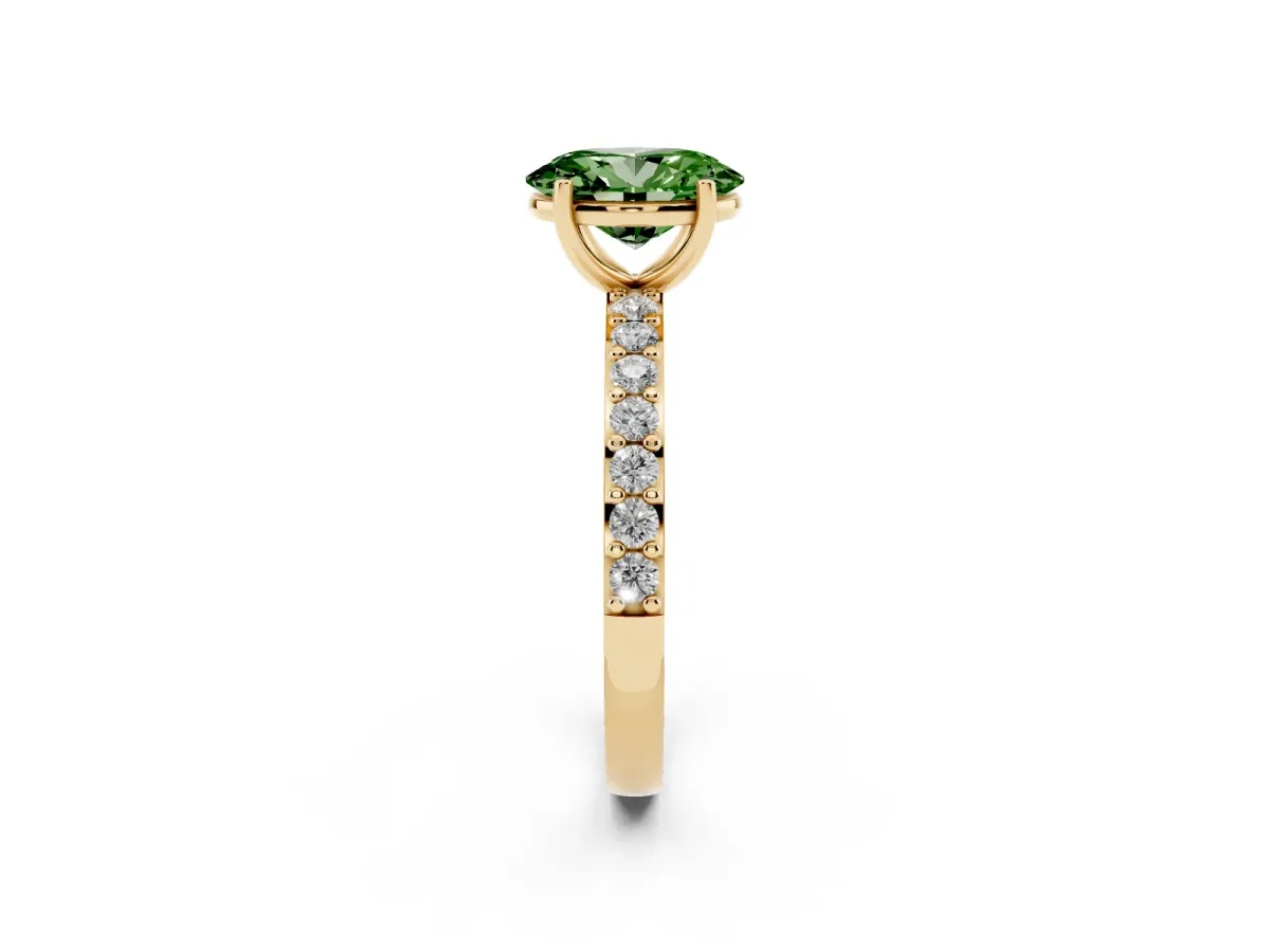 Fancy Green Oval Cut Cut Diamond Solitaire with Pave Band and Four-Prong Setting Yellow gold
