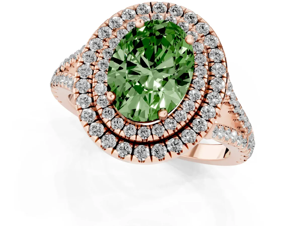 Fancy Green Oval Cut Diamond Double Halo Ring with Pavé Band and Prong Setting Rose gold
