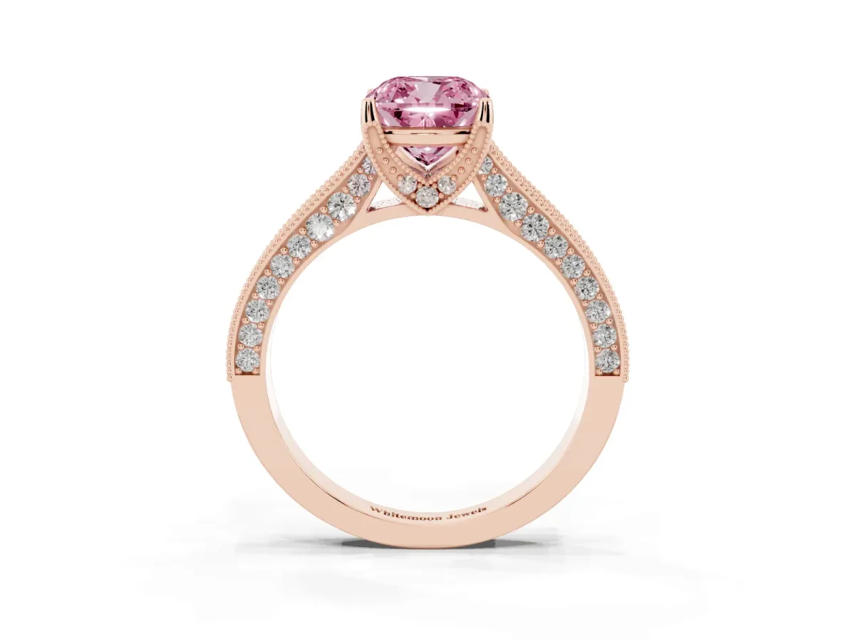 Fancy Pink Cushion Cut Cut Diamond Solitaire Ring with Milgrain Pave Band and Four Prong Setting Rose gold