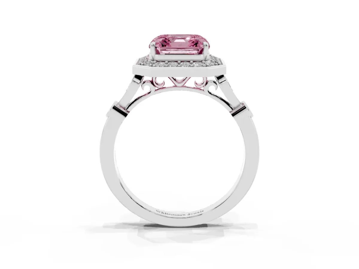 Fancy Pink Asscher Cut Halo Diamond Engagement Ring with Twisted Band and Four-Prong Setting White gold