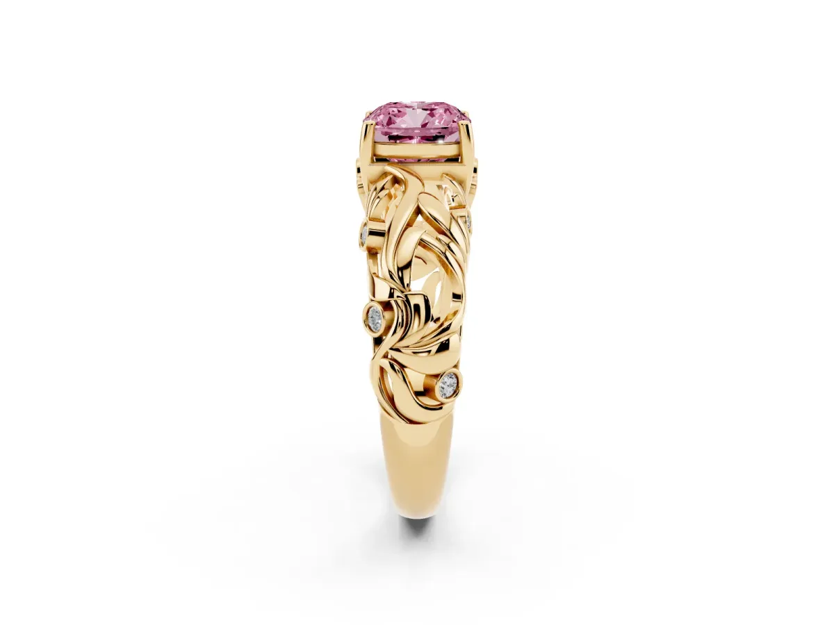 Fancy Pink Cushion Cut Solitaire Diamond Leaf-Inspired Vine Band Ring with Prong Setting Yellow gold