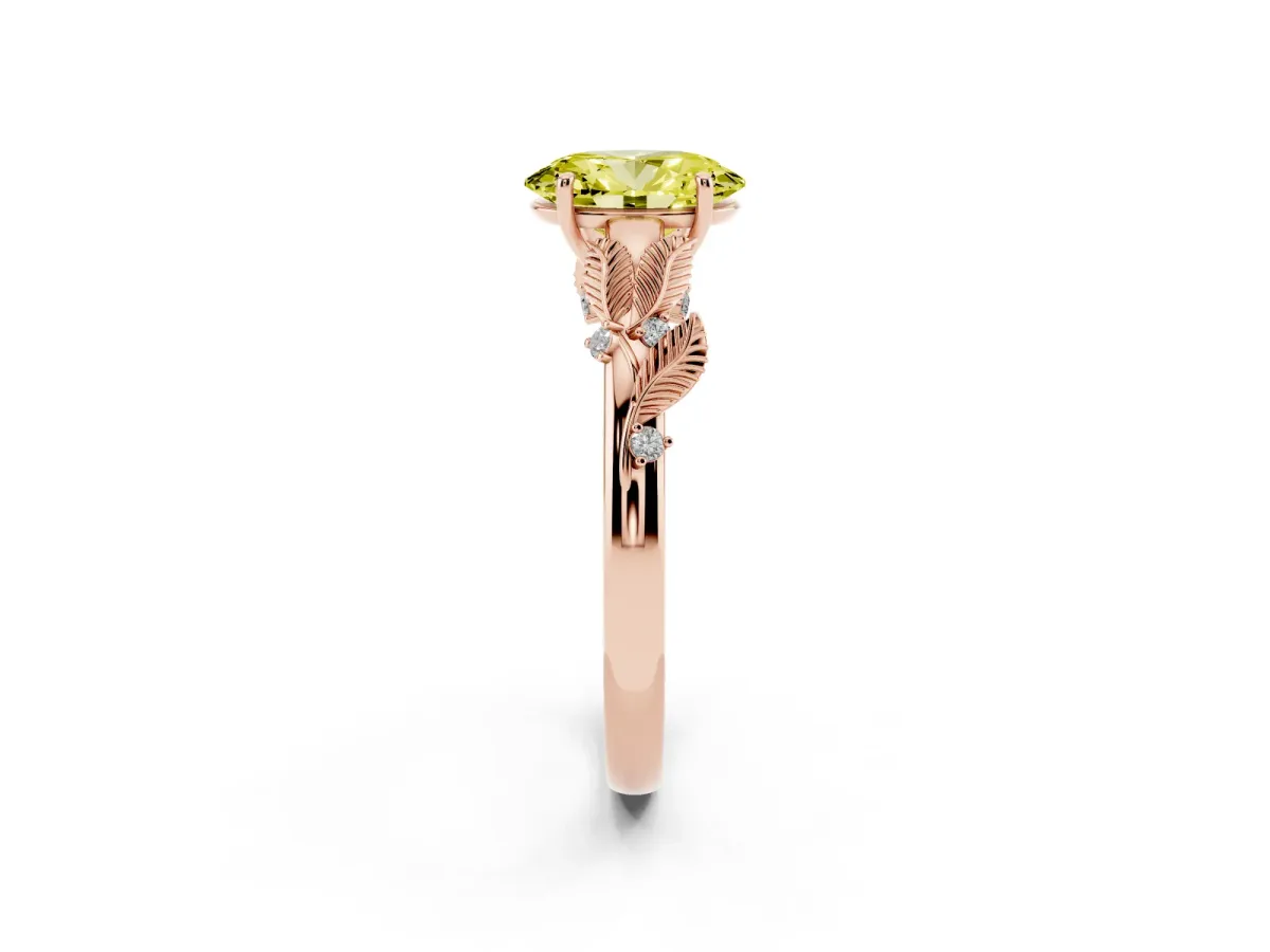 Fancy Yellow Oval Cut Diamond Solitaire Ring with Leaf Motif Band and Four-Prong Setting Rose gold