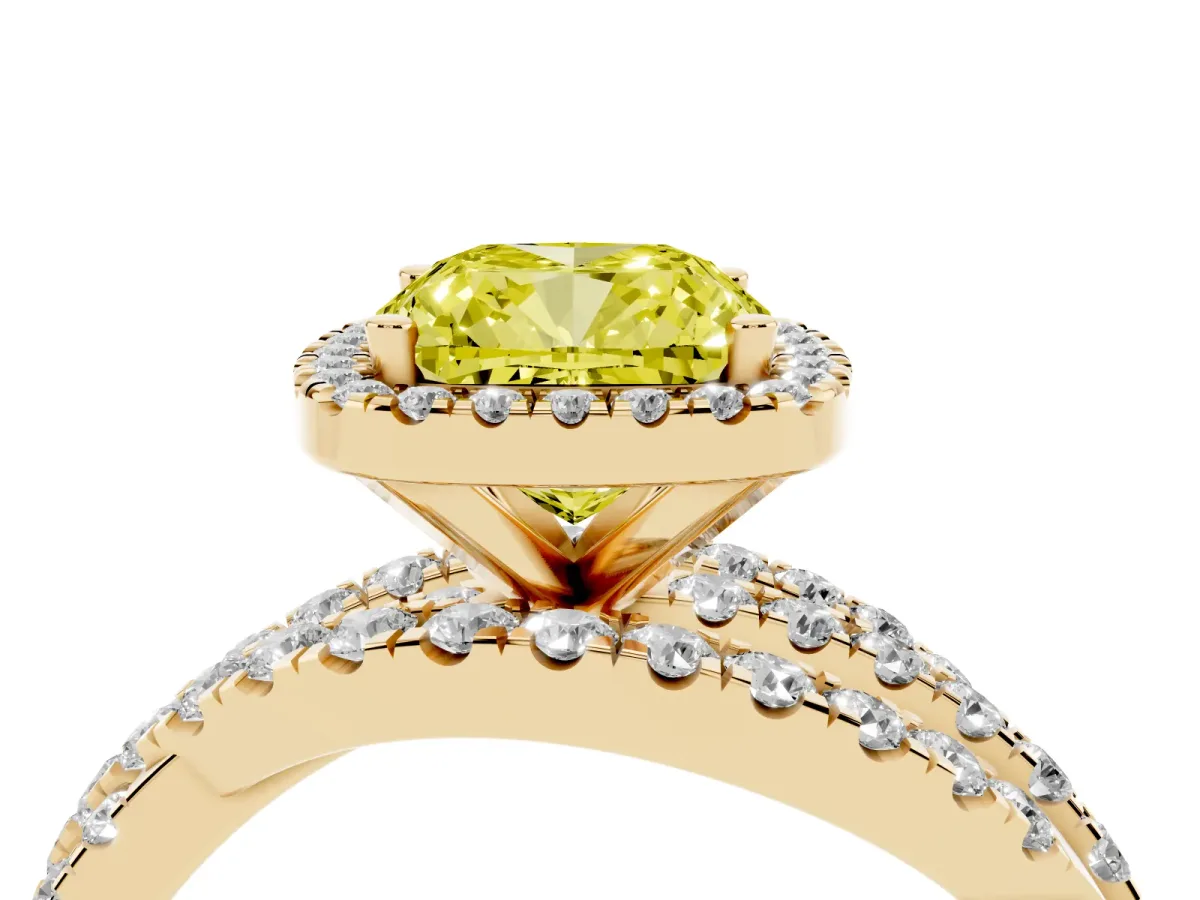 Fancy Yellow Cushion Cut Diamond Halo Ring with Round Split Shank and Prong Setting Yellow gold