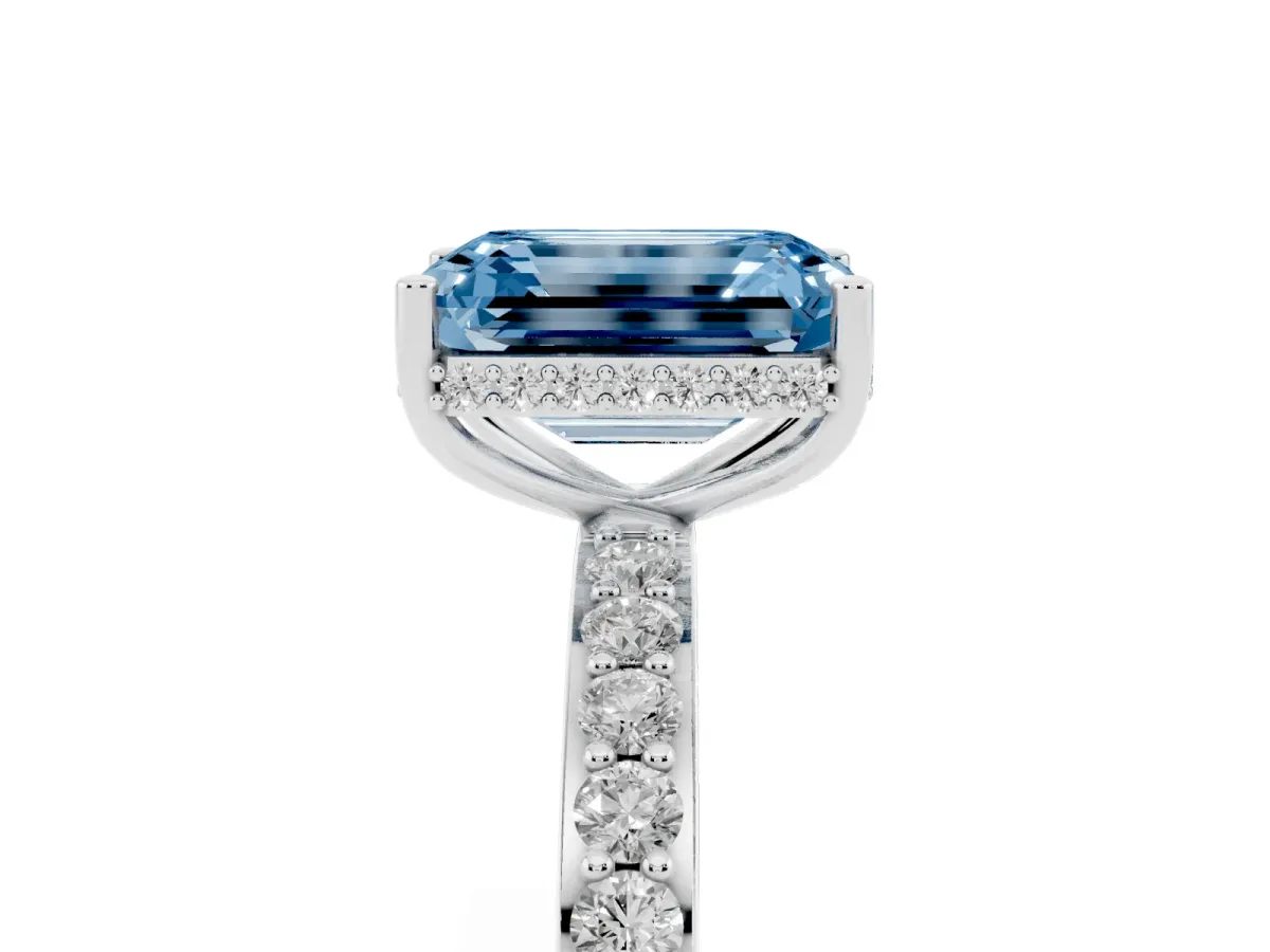 Fancy Blue Emerald Cut Diamond Solitaire Ring with Pavé Band and Hidden Halo White gold