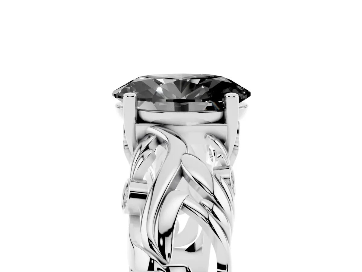 Fancy Black Oval Cut Solitaire Diamond Leaf-Inspired Vine Band Ring with Prong Setting Platinum