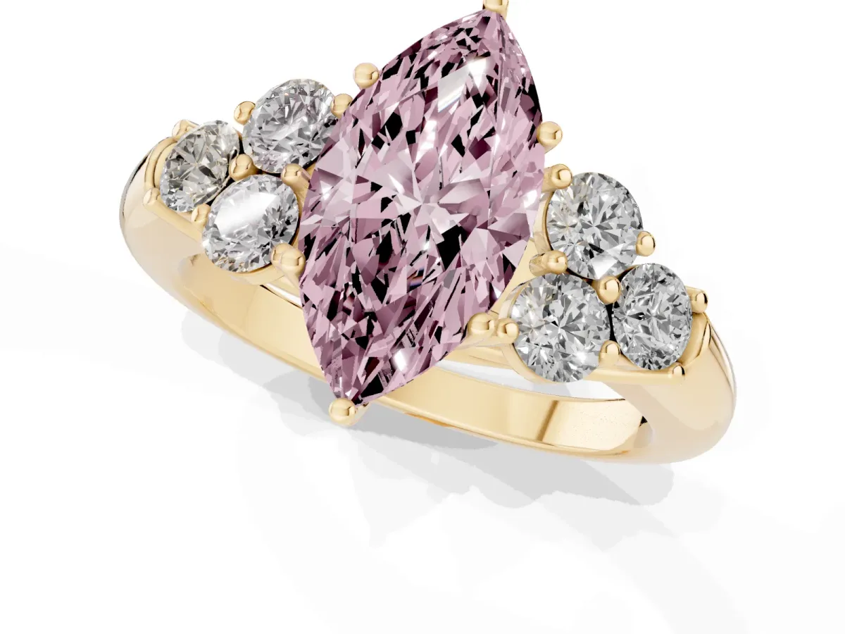 Fancy Pink Marquise Cut Cut Diamond Cluster Ring with Round Accent Stones and Prong Setting on a Classic Band Yellow gold