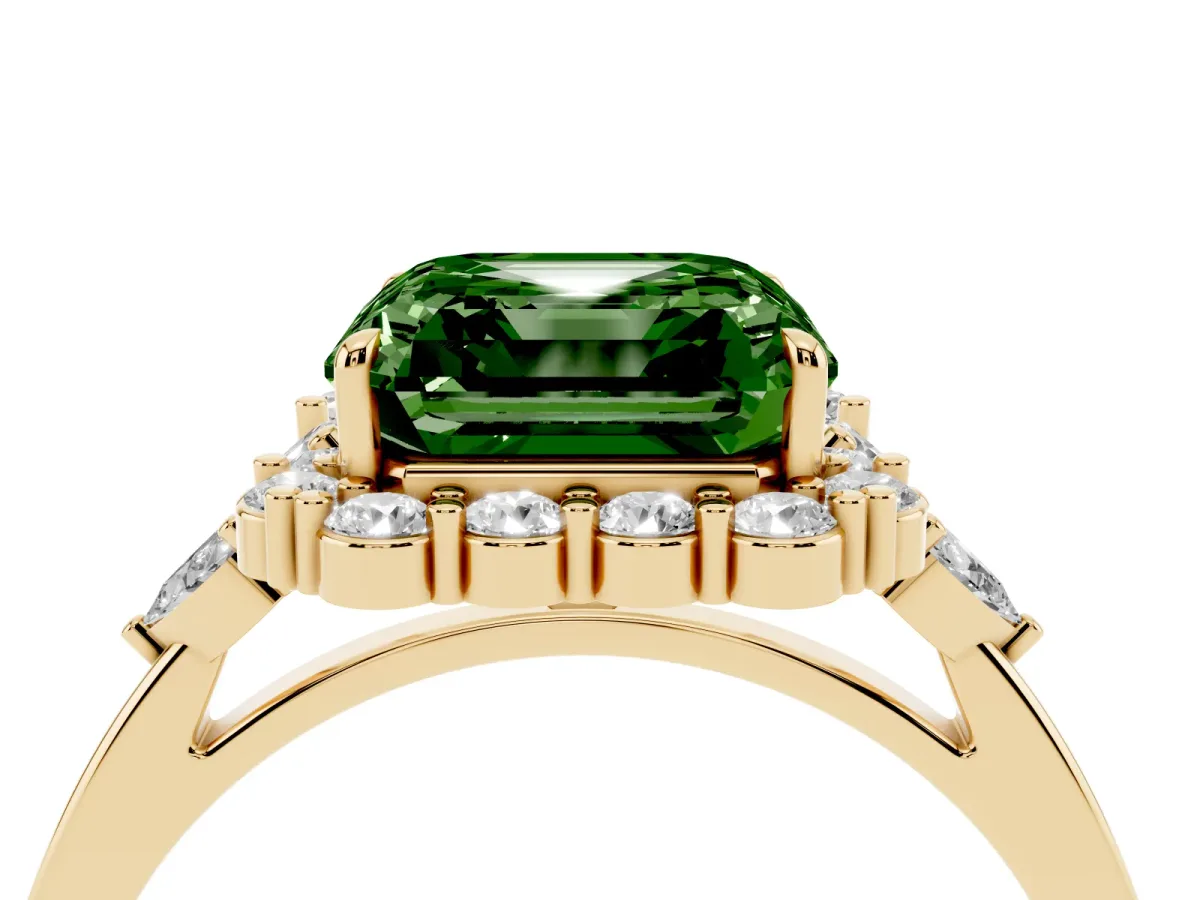 Fancy Green Asscher Cut Diamond Halo Ring with Pear Side Stones and Prong Setting Yellow gold