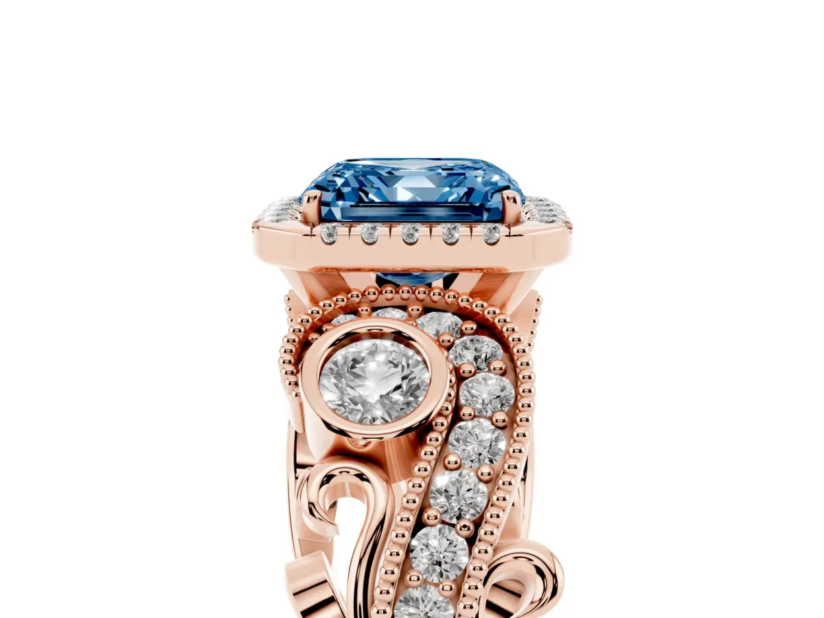 Fancy Blue Asscher Cut Diamond Halo Ring with Milgrain Pavé Band and Four-Prong Setting Rose gold