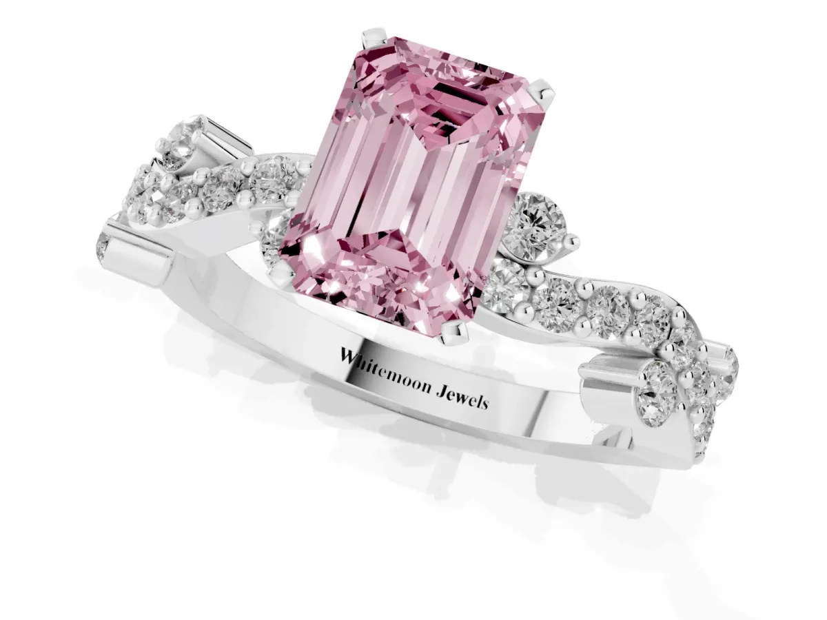 Fancy Pink Emerald Cut Cut Solitaire Diamond Twisted Band with Pave Setting Platinum