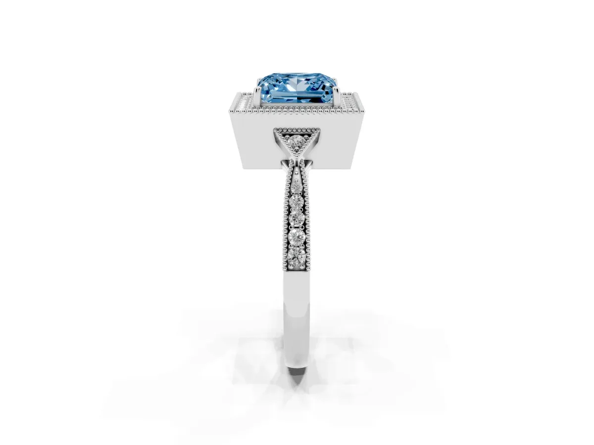 Fancy Blue Princess Cut Halo Round Diamond Milgrain Pave Engagement Ring Platinum