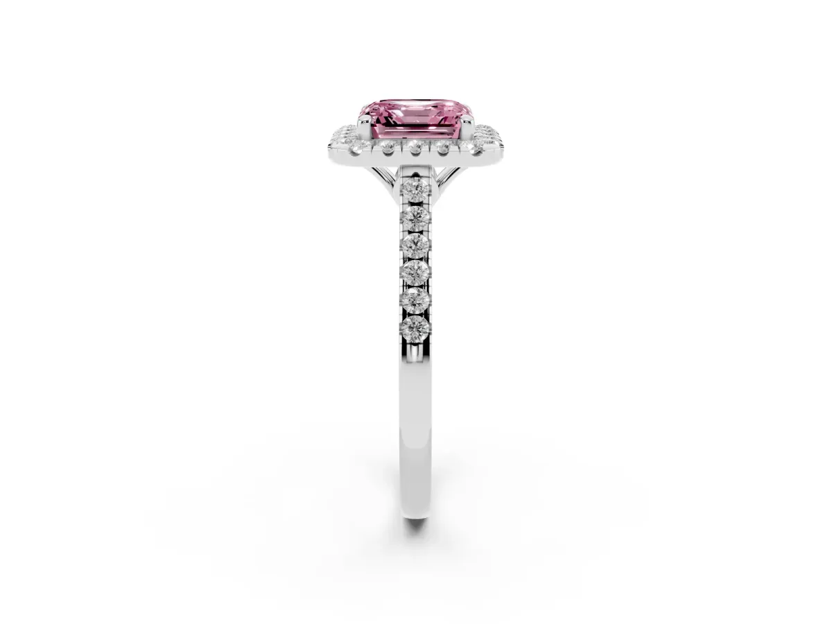 Fancy Pink Asscher Cut Halo Pavé Diamond Engagement Ring with Four-Prong Setting Silver