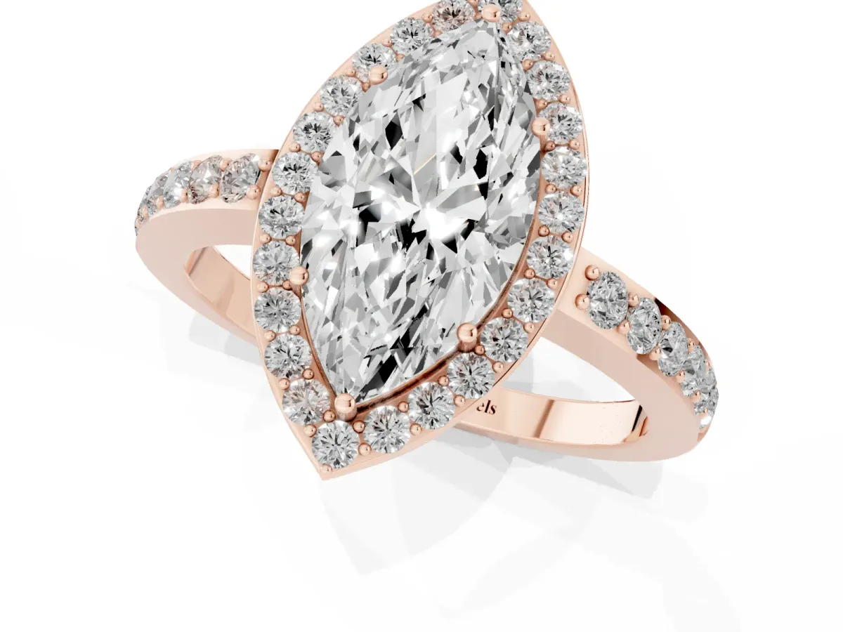 Marquise Cut Halo Diamond Pavé Band Ring with Prong Setting Rose gold