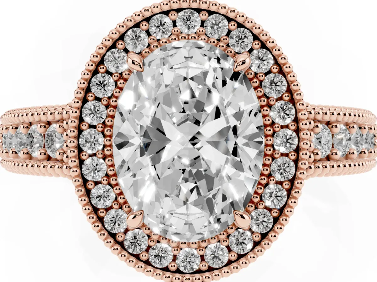Oval Cut Cut Halo Diamond Ring with Pavé Band and Four-Prong Setting Rose gold
