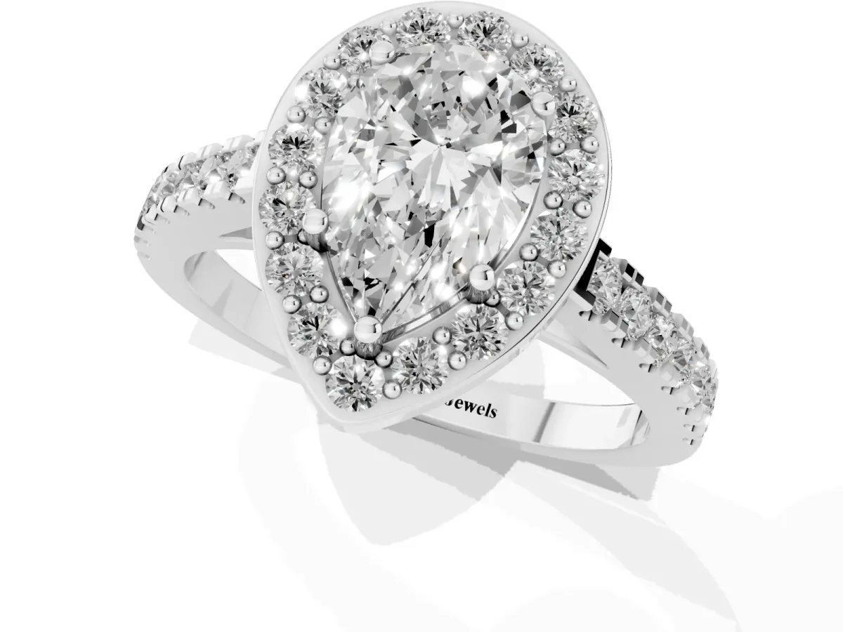 Pear Cut Diamond Halo Ring with Round Pavé Split Shank and Prong Setting Silver