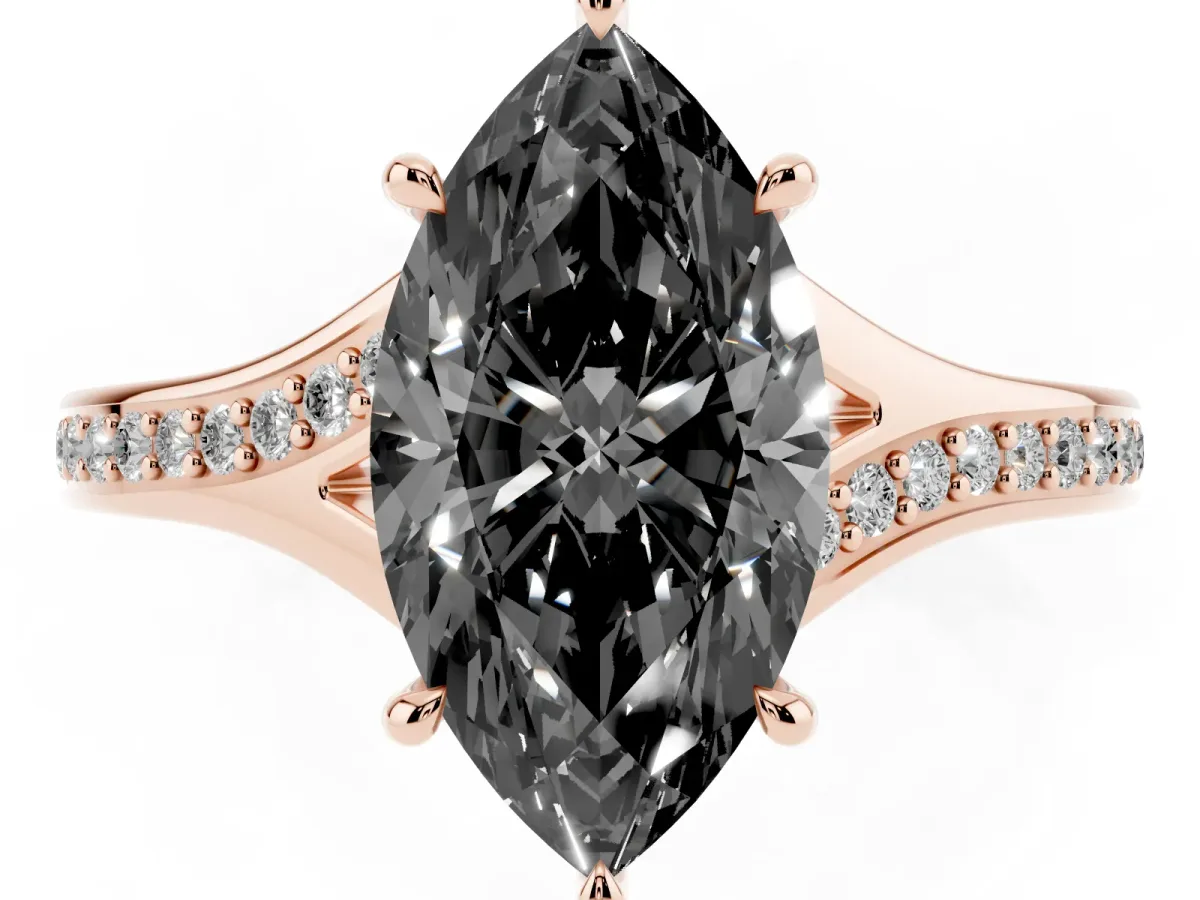 Fancy Black Marquise Cut Diamond Solitaire Ring with Pavé Band and Prong Setting Rose gold