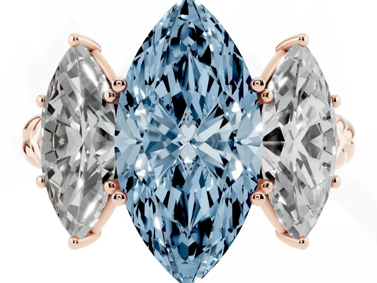 Fancy Blue Three-Stone Marquise Cut Diamond Braided Band Ring with Four-Prong Setting Rose gold