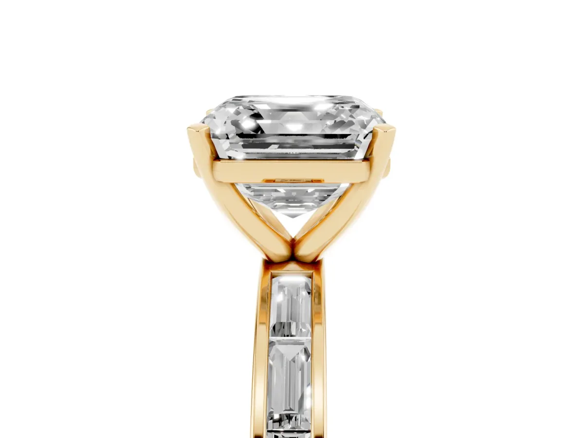 Asscher Cut Solitaire Diamond Ring with Channel-Set Baguette Band and Four-Prong Setting Yellow gold