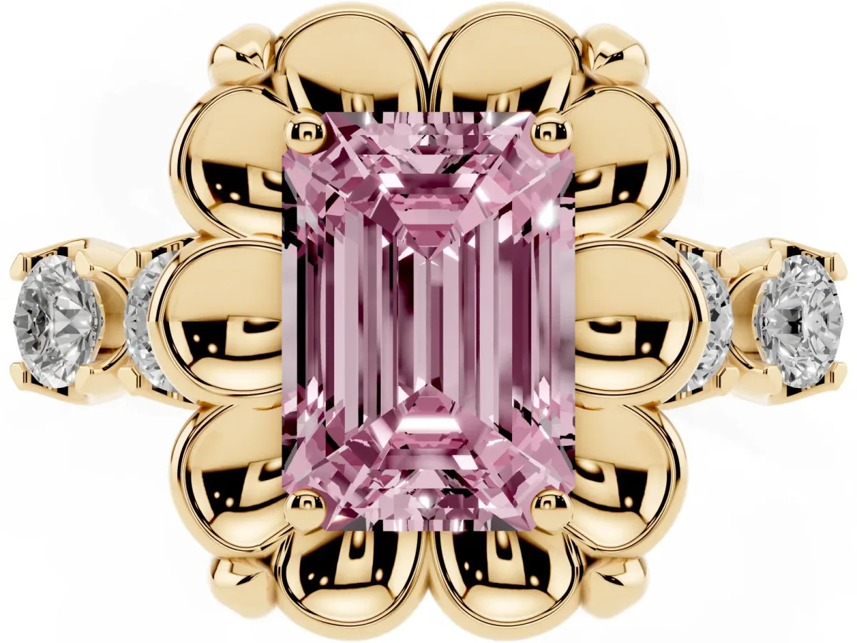 Fancy Pink Emerald Cut Cut Diamond Floral Halo Engagement Ring with Shared Prong Setting Yellow gold