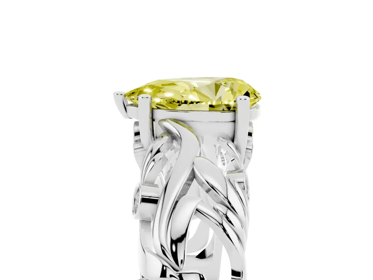 Fancy Yellow Pear Cut Solitaire Diamond Leaf-Inspired Vine Band Ring with Prong Setting Silver