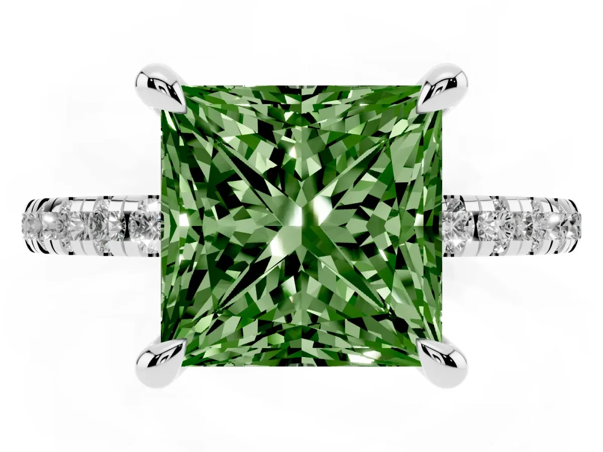 Fancy Green Princess Cut Diamond Brilliant Solitaire Ring with Pavé Band and Four-Prong Setting Platinum
