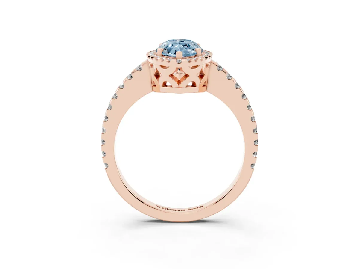 Fancy Blue Marquise Cut Diamond Halo Engagement Ring with Pavé Band and Prong Setting Rose gold