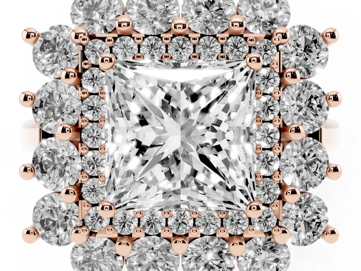 Princess Cut Diamond Floral Double Halo Engagement Ring with Prong Setting Rose gold