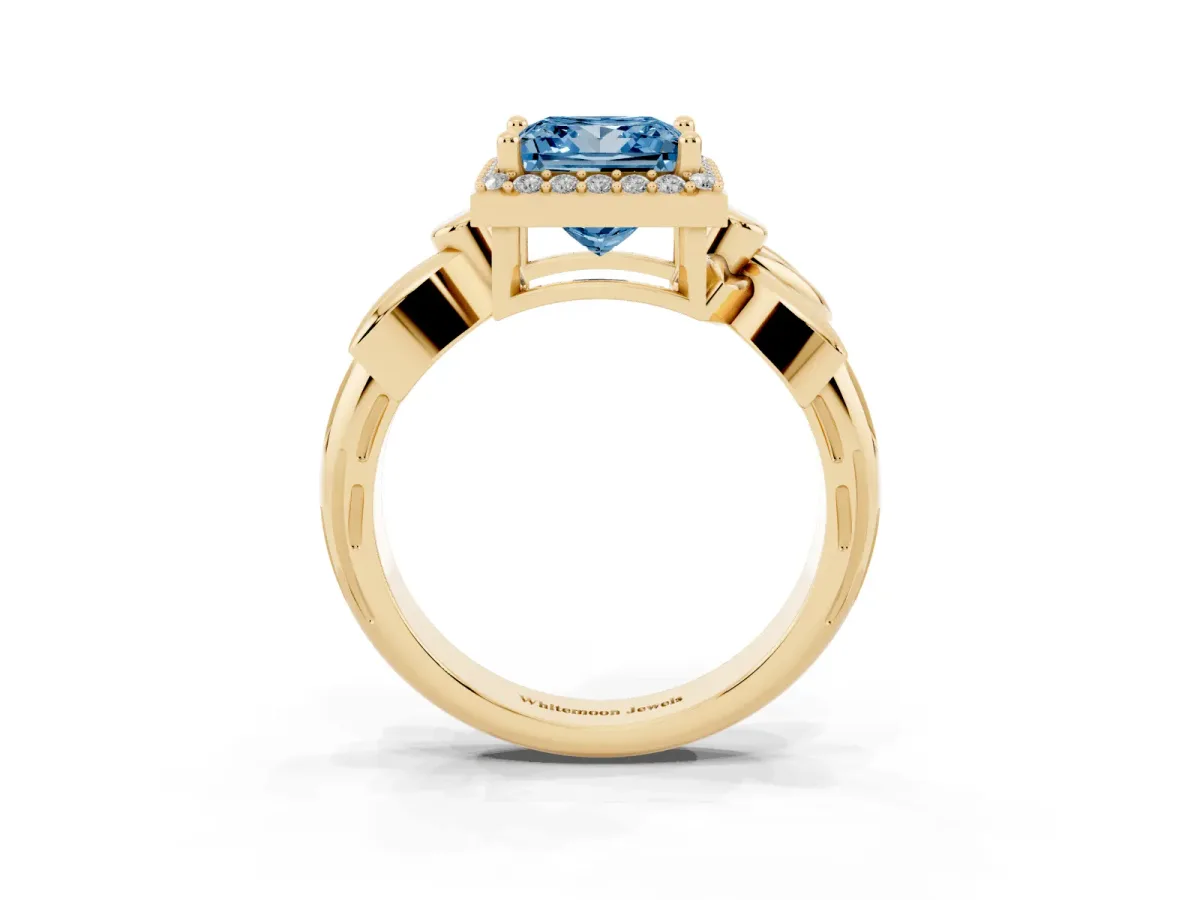 Fancy Blue Princess Cut Halo Diamond Floral Band with Four-Prong Setting Yellow gold