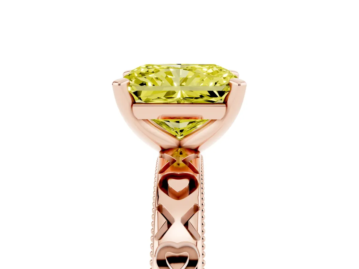Fancy Yellow Radiant Cut Solitaire Diamond Engagement Ring with XO Engraved Band and Four-Prong Setting Rose gold