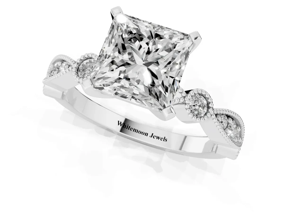 Princess Cut Milgrain Bezel Diamond Engagement Ring with Solitaire Prong Setting Silver