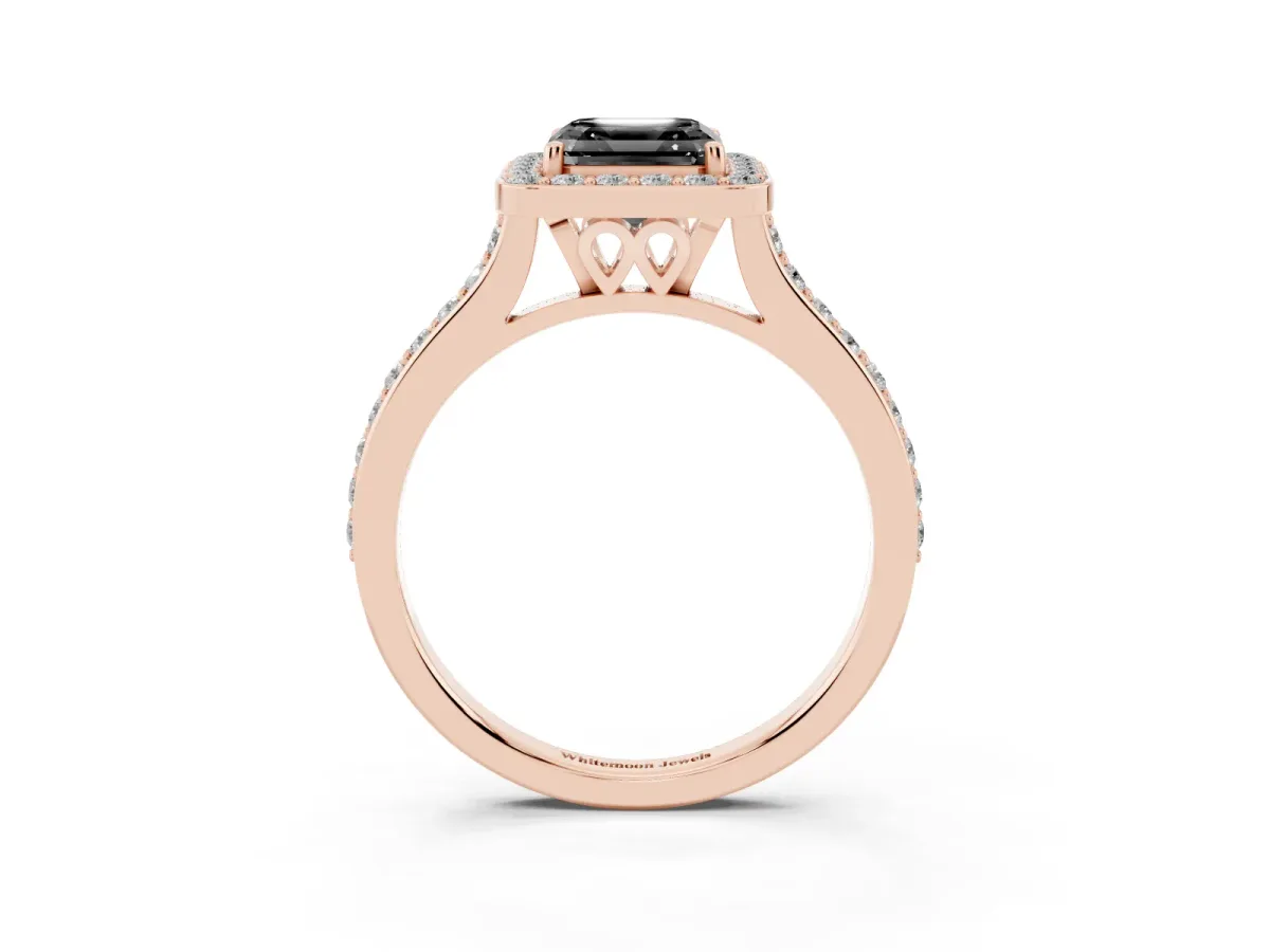 Fancy Black Asscher Cut Diamond Halo Engagement Ring with Round Pavé Shoulders and Prong Setting Rose gold