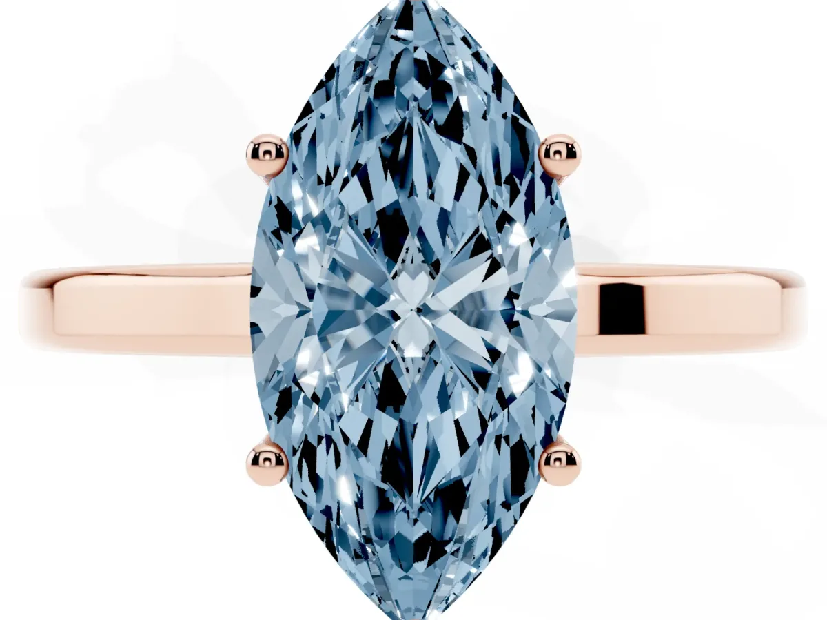 Fancy Blue Marquise Cut Cut Solitaire Engagement Ring with Four-Prong Setting on a Classic Band Rose gold