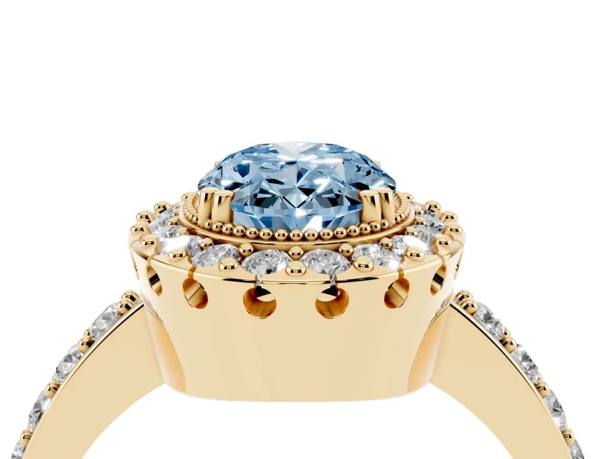 Fancy Blue Oval Cut Diamond Halo Ring with Pavé Band and Prong Setting Yellow gold