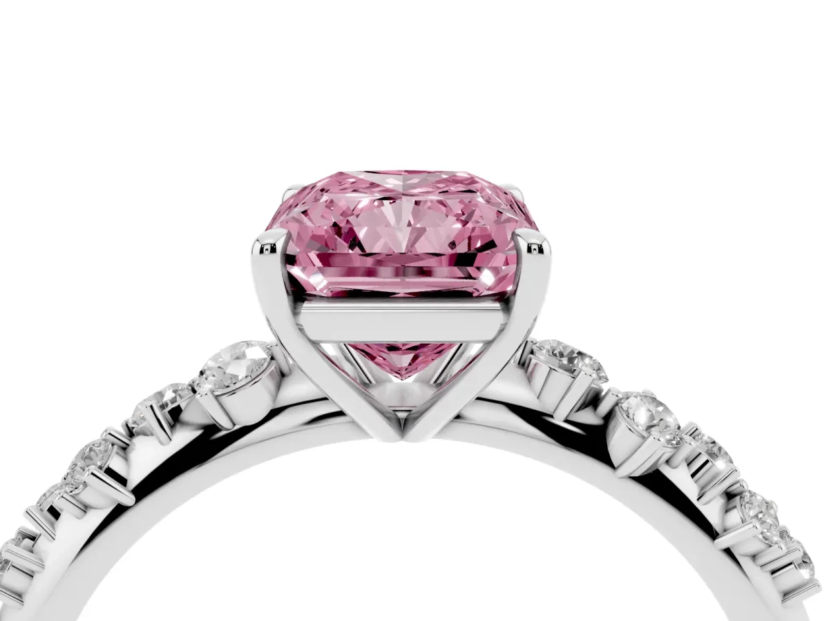Fancy Pink Radiant Cut Diamond Cluster Side Stone Solitaire Ring with Prong Setting Platinum
