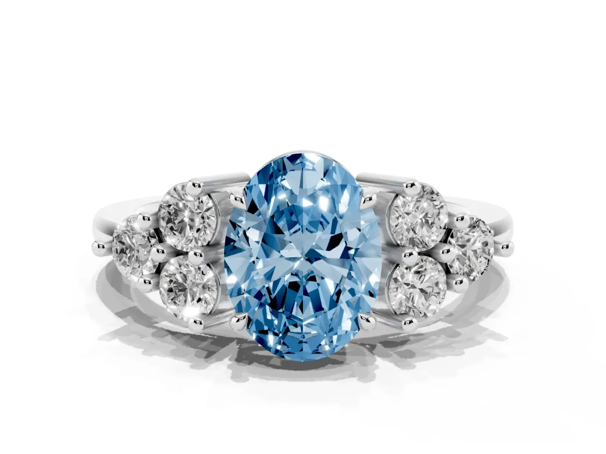 Fancy Blue Oval Cut Brilliant Diamond Cluster Accent Solitaire Ring with Prong Setting White gold