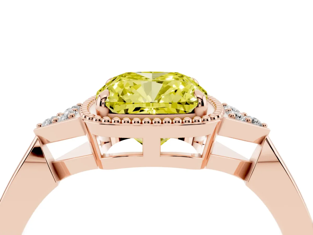 Fancy Yellow Hexagonal Halo Cushion Cut Diamond Solitaire with Pavé Band and Four-Prong Setting Rose gold