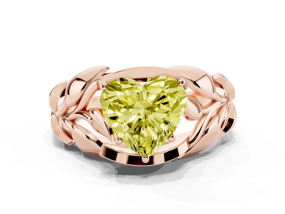 Fancy Yellow Heart Cut Diamond Leaf-Inspired Engagement Ring with Round Accents and Prong Setting Rose gold