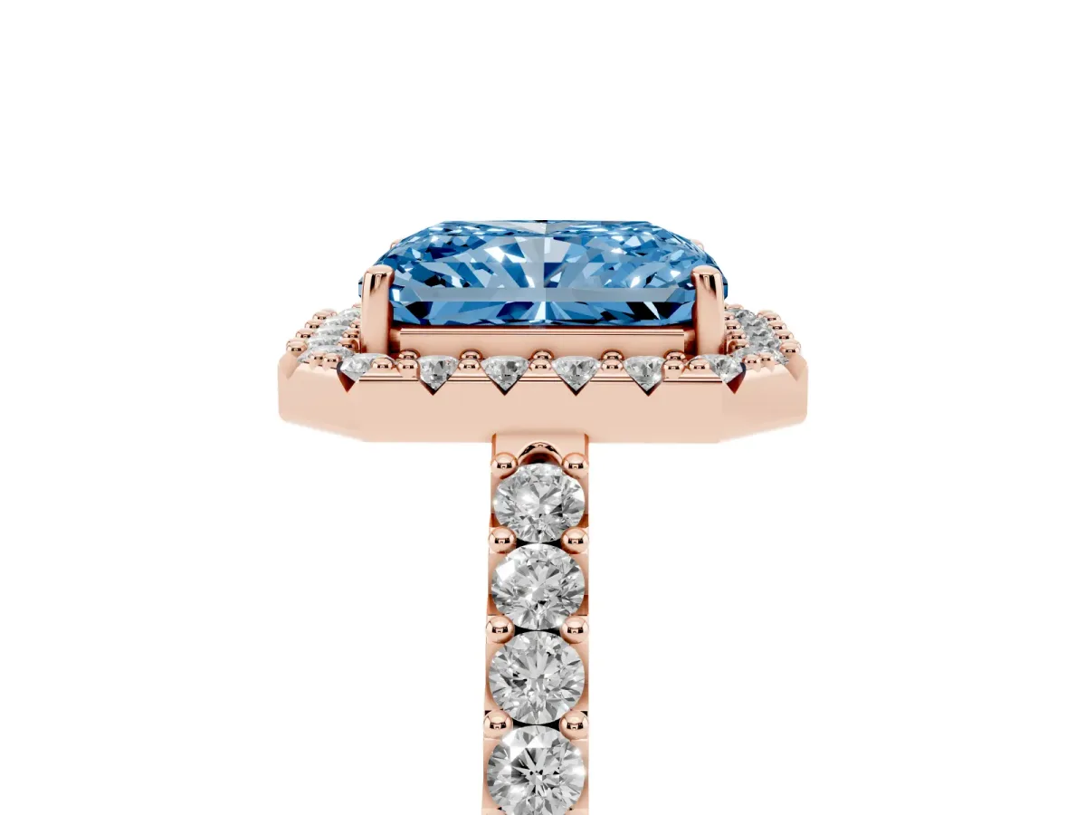 Fancy Blue Radiant Cut Halo Diamond Pavé Solitaire Ring Rose gold