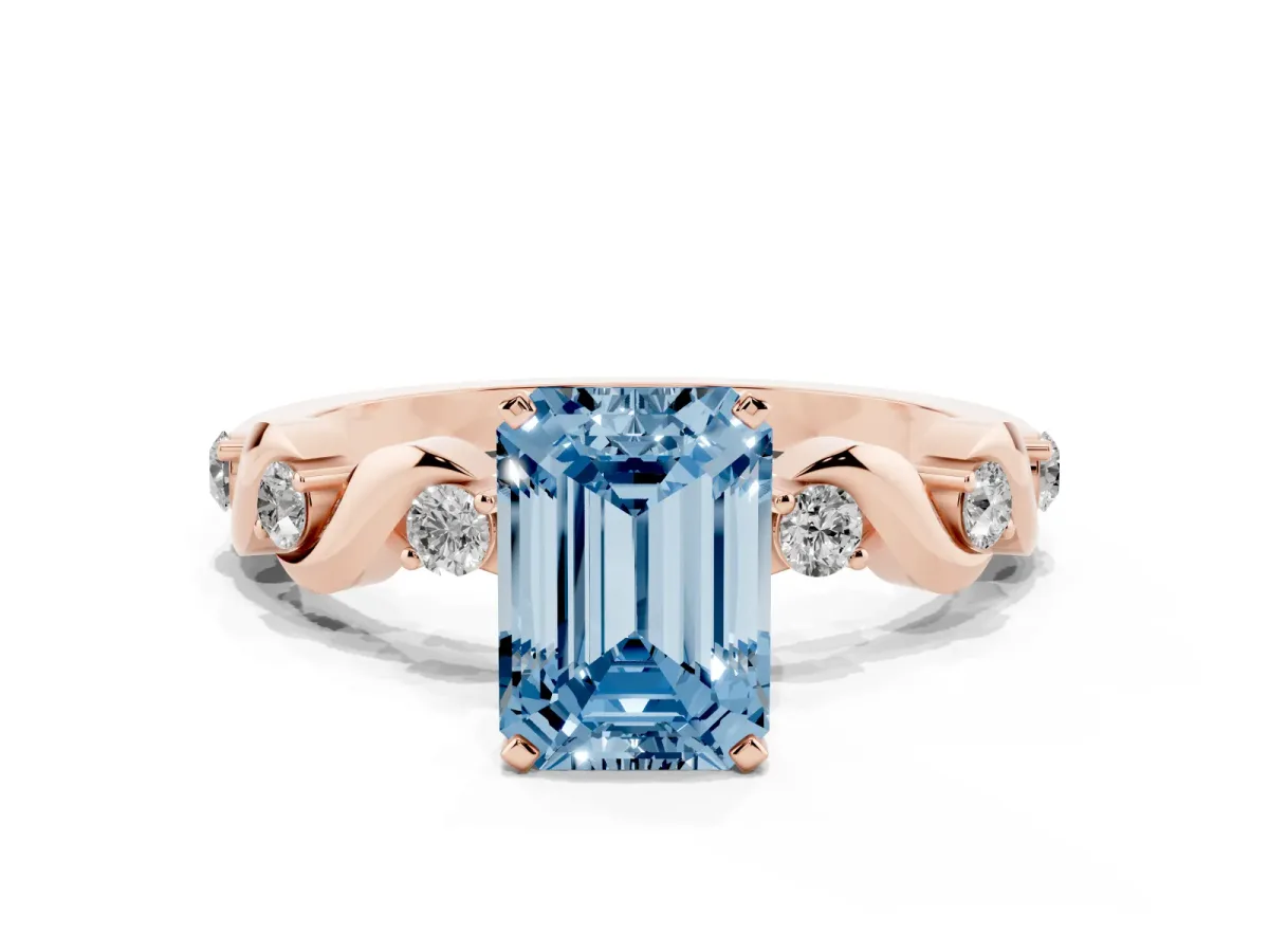 Fancy Blue Emerald Cut Diamond Solitaire Twisted Band with Round Accents and Prong Setting Rose gold