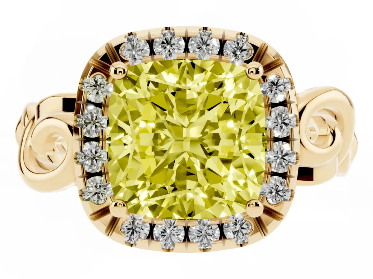 Fancy Yellow Cushion Cut Cut Halo Diamond Ring with Scrollwork Band and Four-Prong Setting Yellow gold