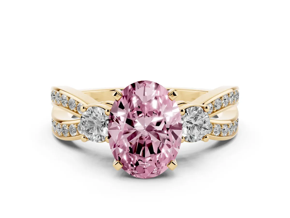 Fancy Pink Three-Stone Oval Cut Cut Diamond Twist Band with Prong Setting Yellow gold