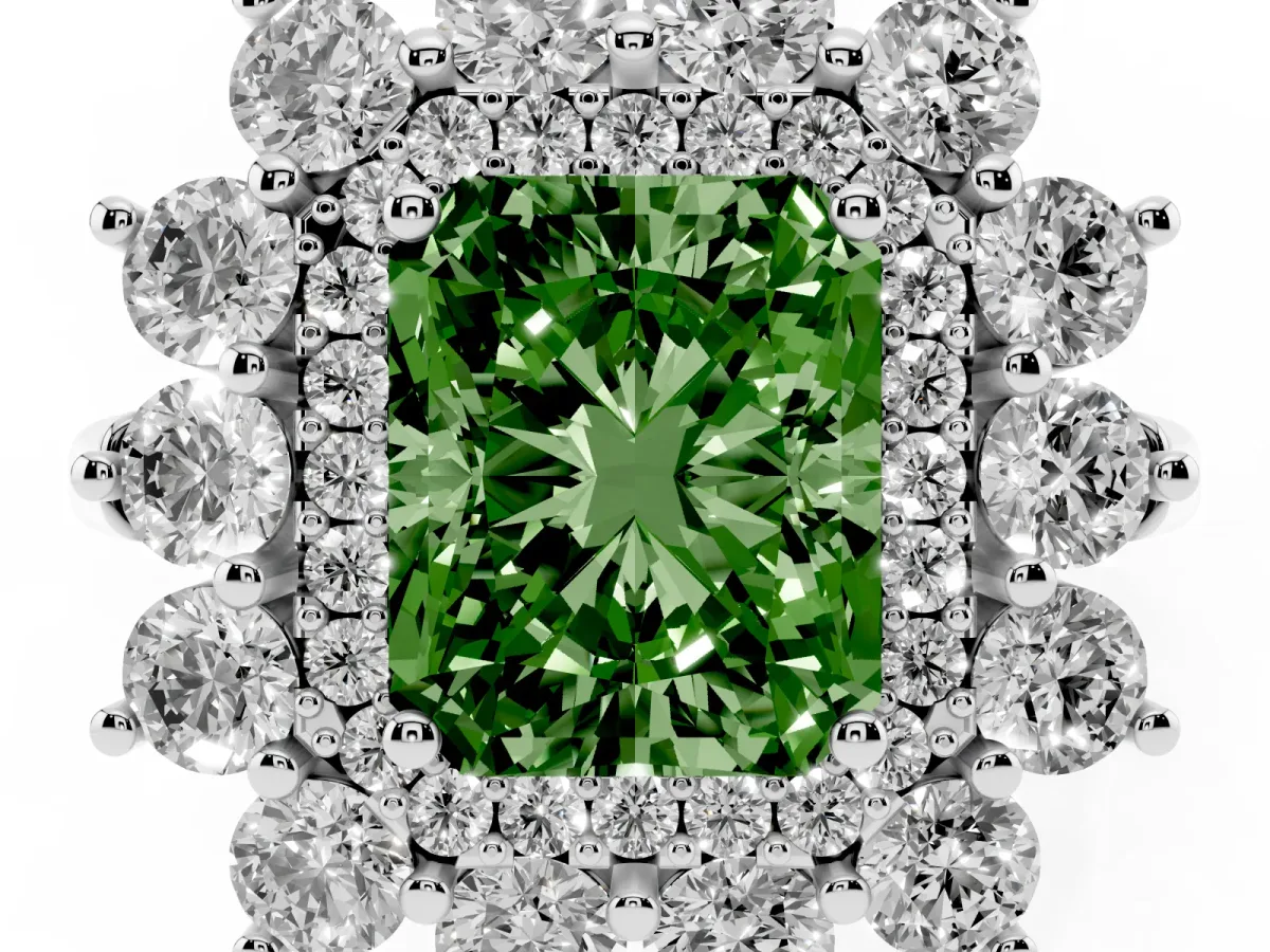 Fancy Green Radiant Cut Diamond Floral Double Halo Engagement Ring with Prong Setting Platinum