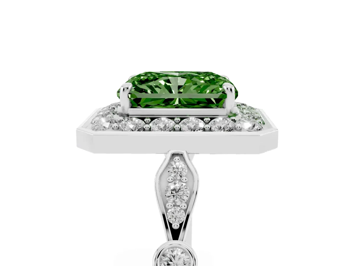 Fancy Green Radiant Cut Halo Diamond Engagement Ring with Twisted Band and Four-Prong Setting Silver