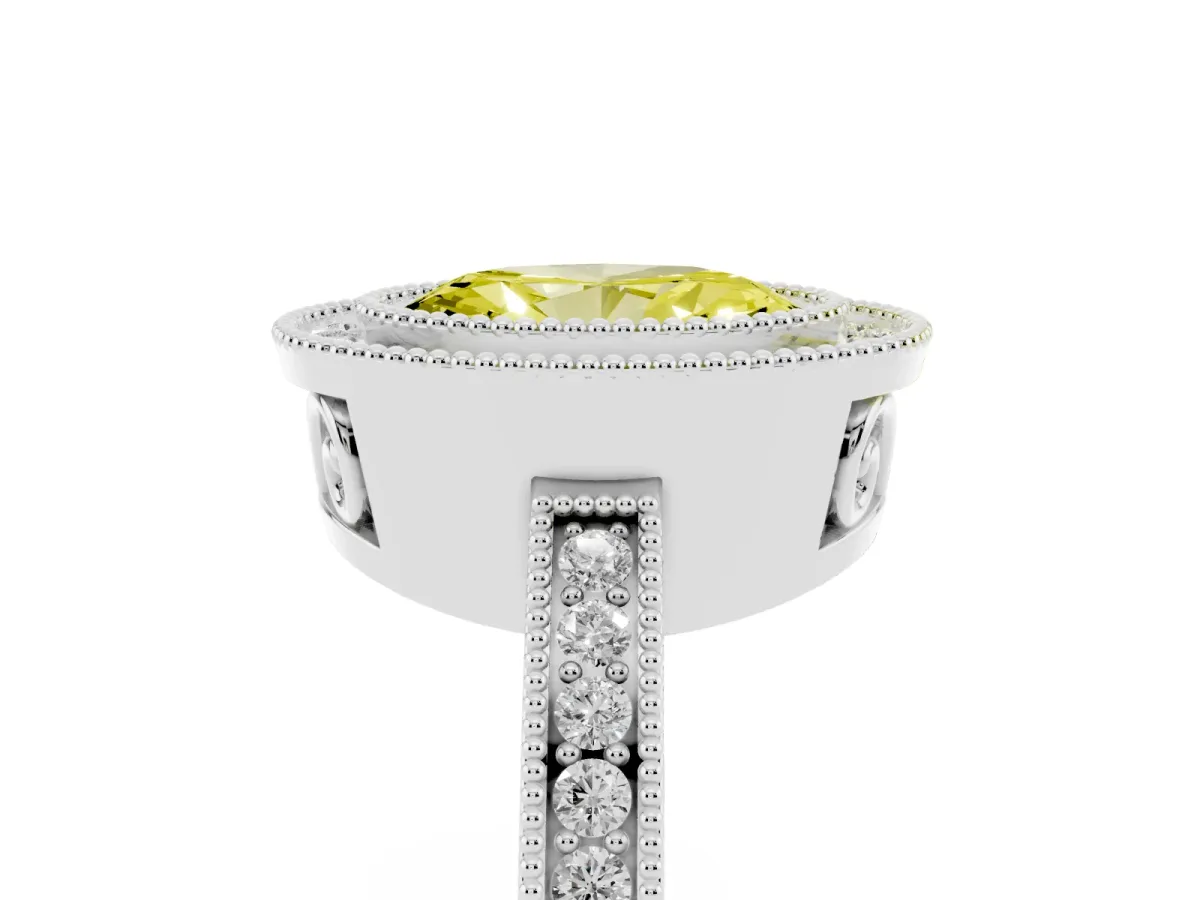 Fancy Yellow Oval Cut Cut Halo Diamond Ring with Pavé Band and Milgrain Prong Setting Platinum