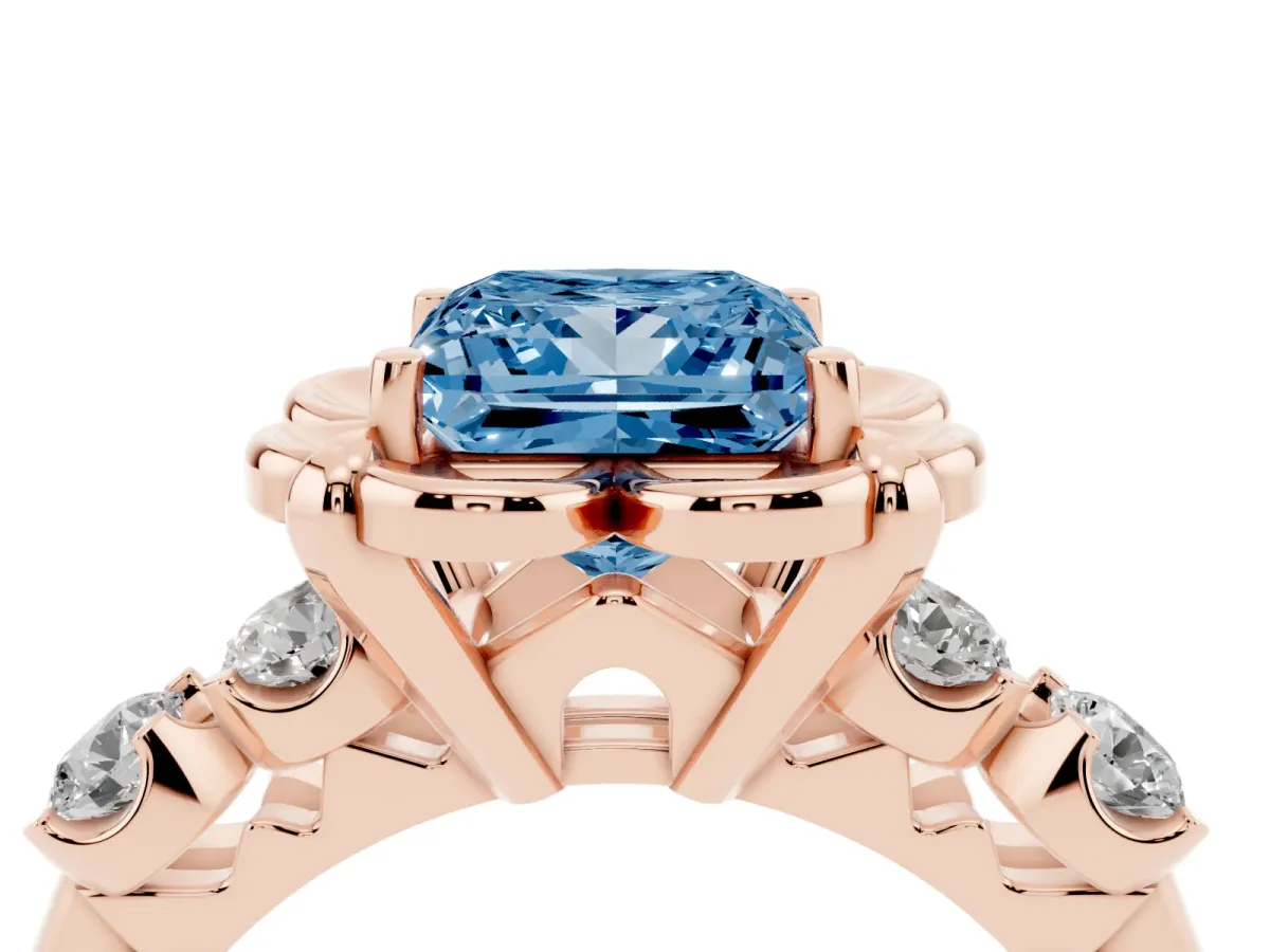 Fancy Blue Princess Cut Cut Diamond Floral Halo Engagement Ring with Shared Prong Setting Rose gold